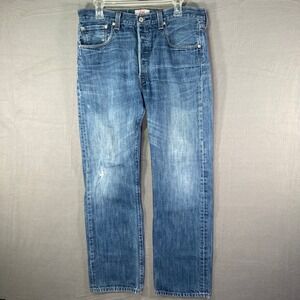 Levis 501 Original Fit Straight Leg Button Fly Jeans Mens Blue Denim Distressed
